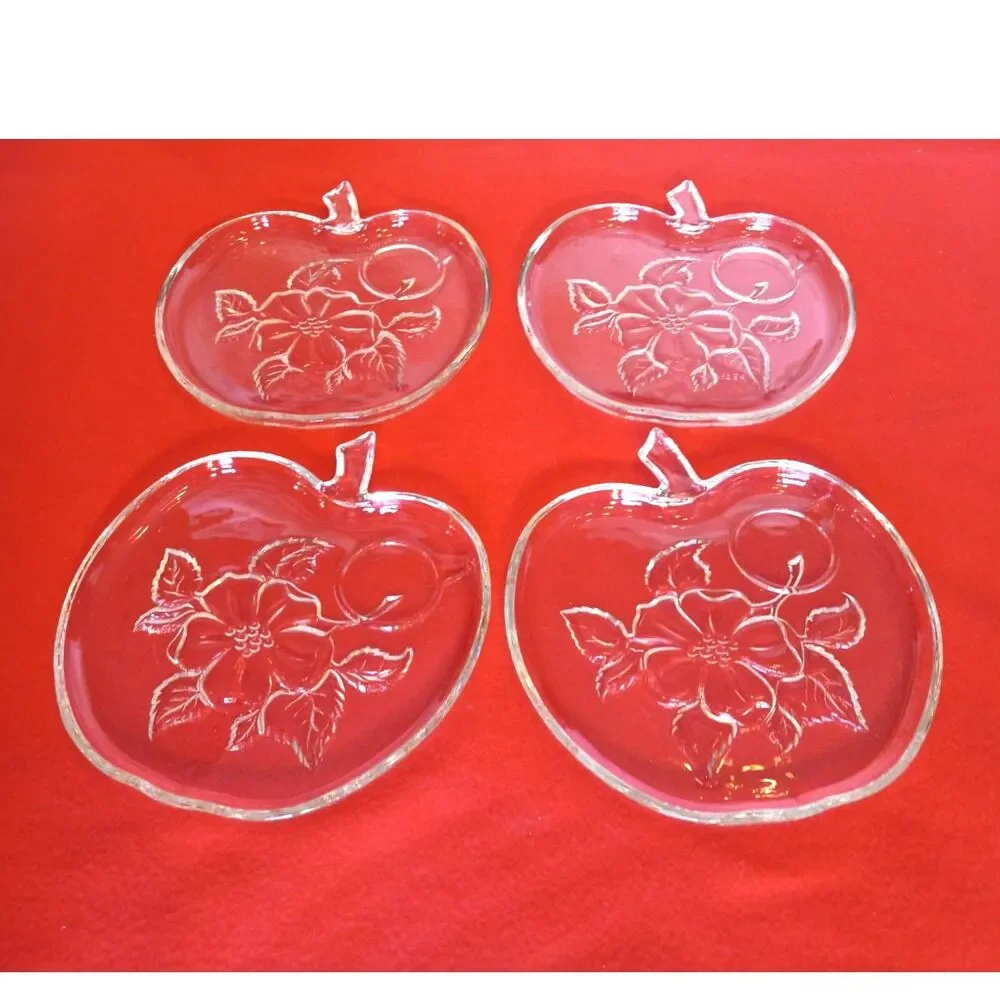 Set of 4 Midcentury Hazel Atlas Apple Blossom Clear Glass Luncheon Plates